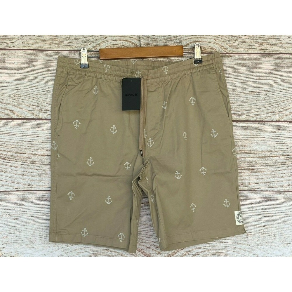 Hurley Twill Shorts Mens Large Island Fossil‎ Anchor Elastic Waist Shorts New